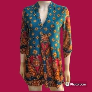 3/$30 NOW N FOREVER Turquoise Paisley Split Neck Half Sleeve Tunic Blouse